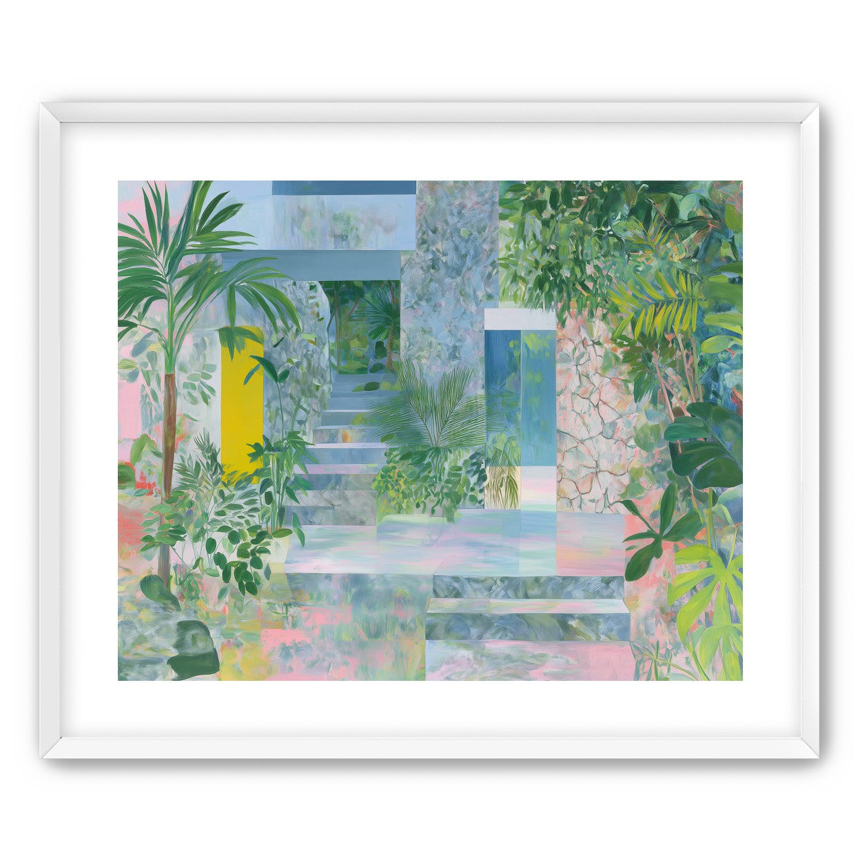 Pastel stairs between yellow and blue doors