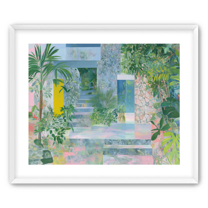 Pastel stairs between yellow and blue doors