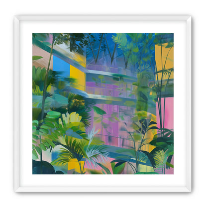 Blue roof over pink atrium