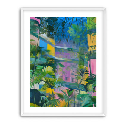 Blue roof over pink atrium