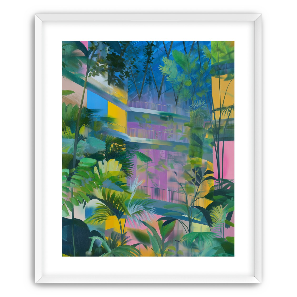 Blue roof over pink atrium