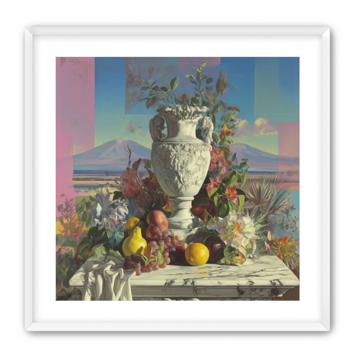 Urn and fruit before mountains