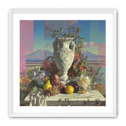 Urn and fruit before mountains