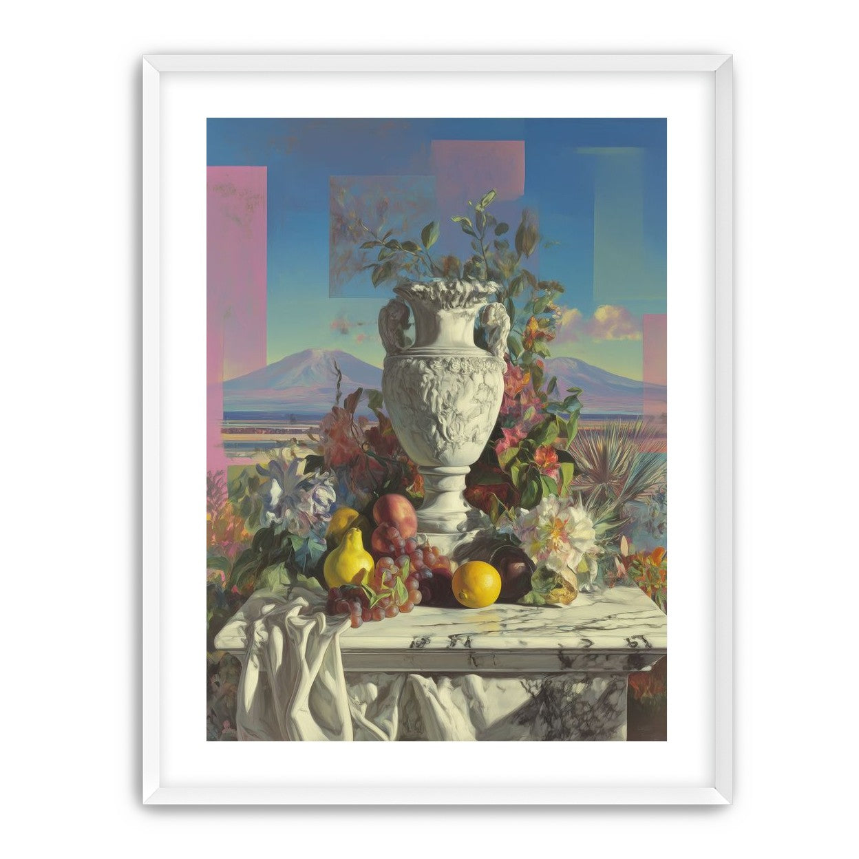 Urn and fruit before mountains