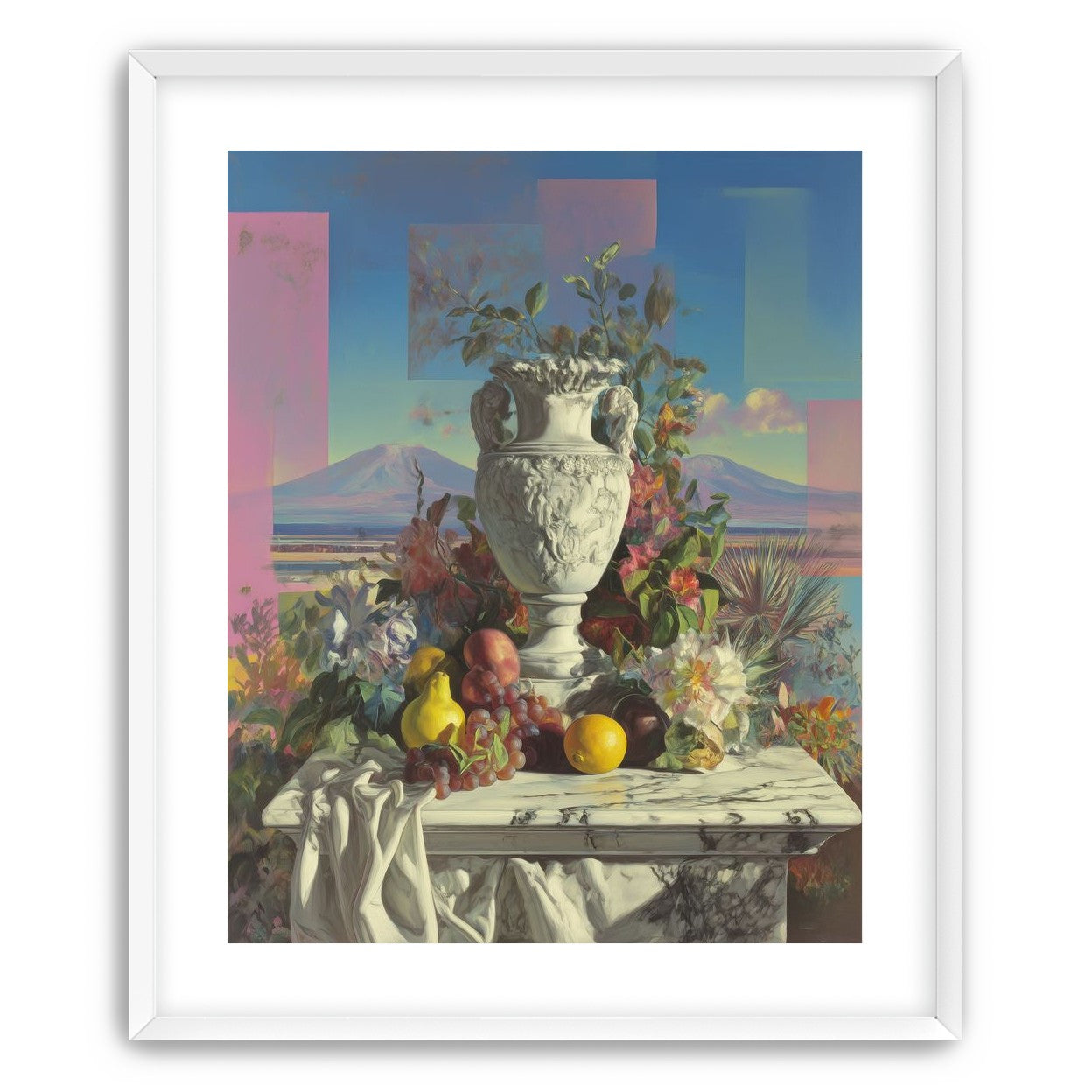 Urn and fruit before mountains