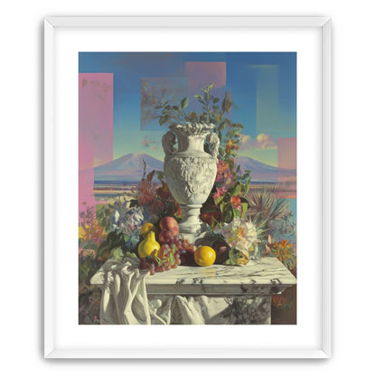Urn and fruit before mountains