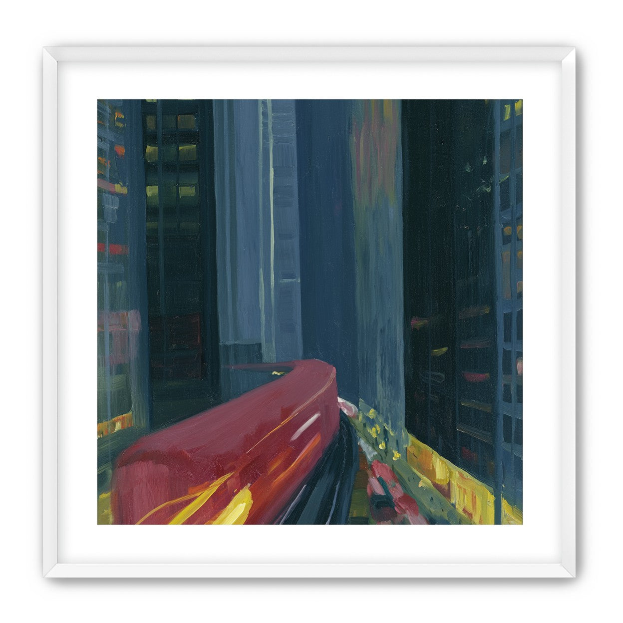 Red train in blue towers