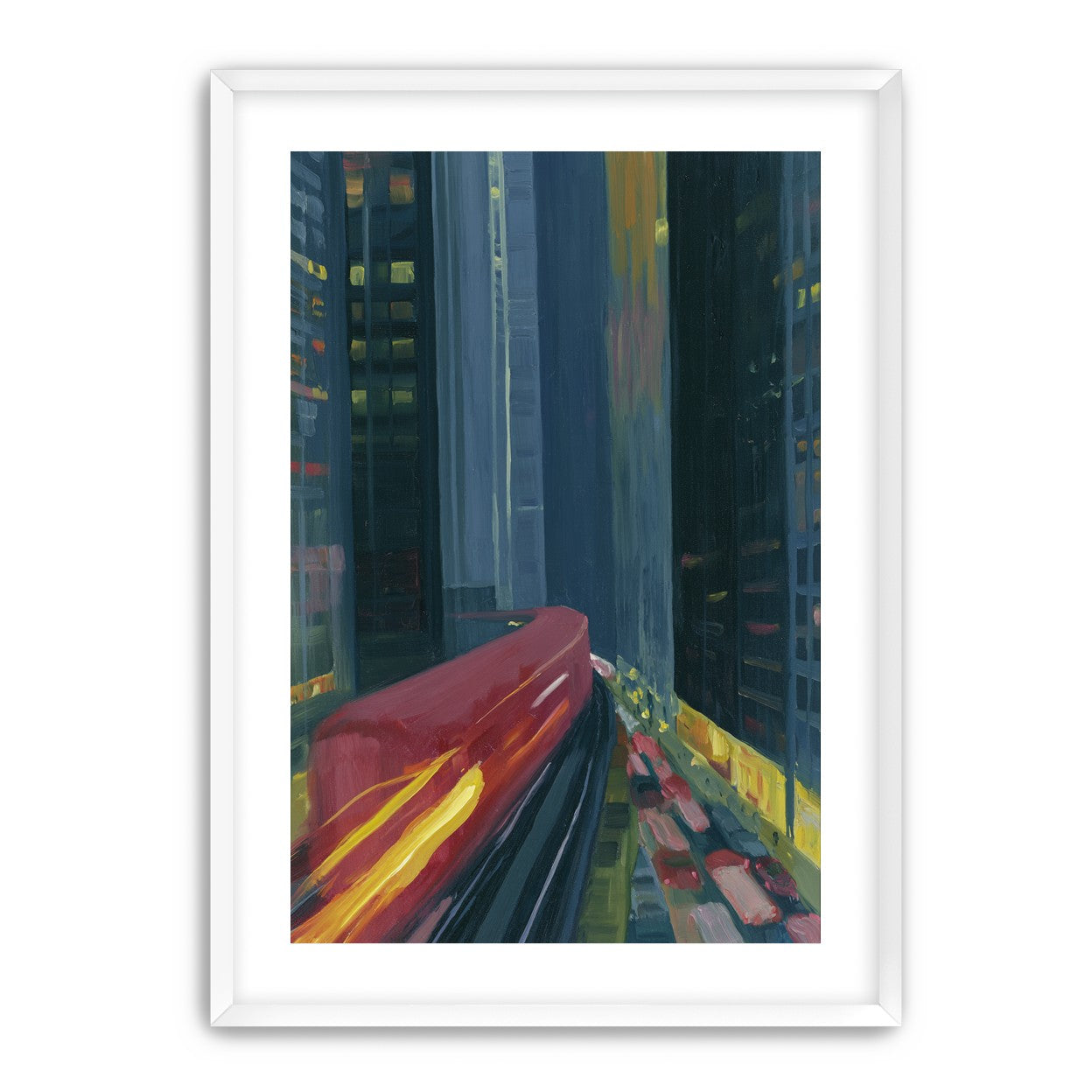 Red train in blue towers