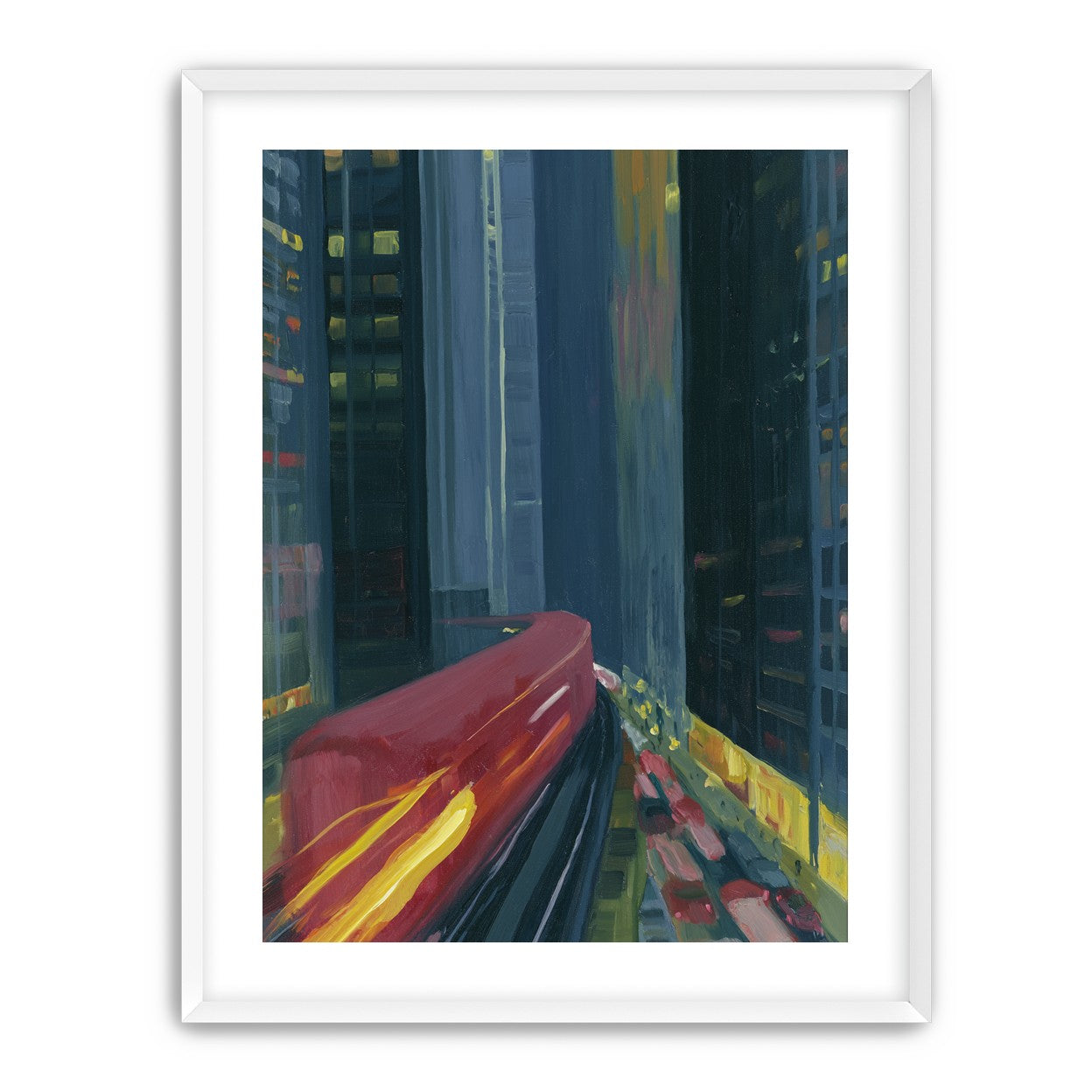 Red train in blue towers