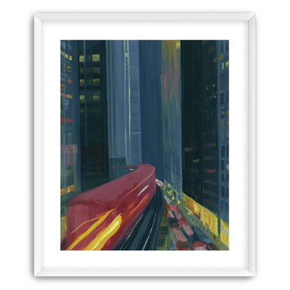 Red train in blue towers