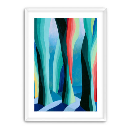 Between red trunks and blue shadows