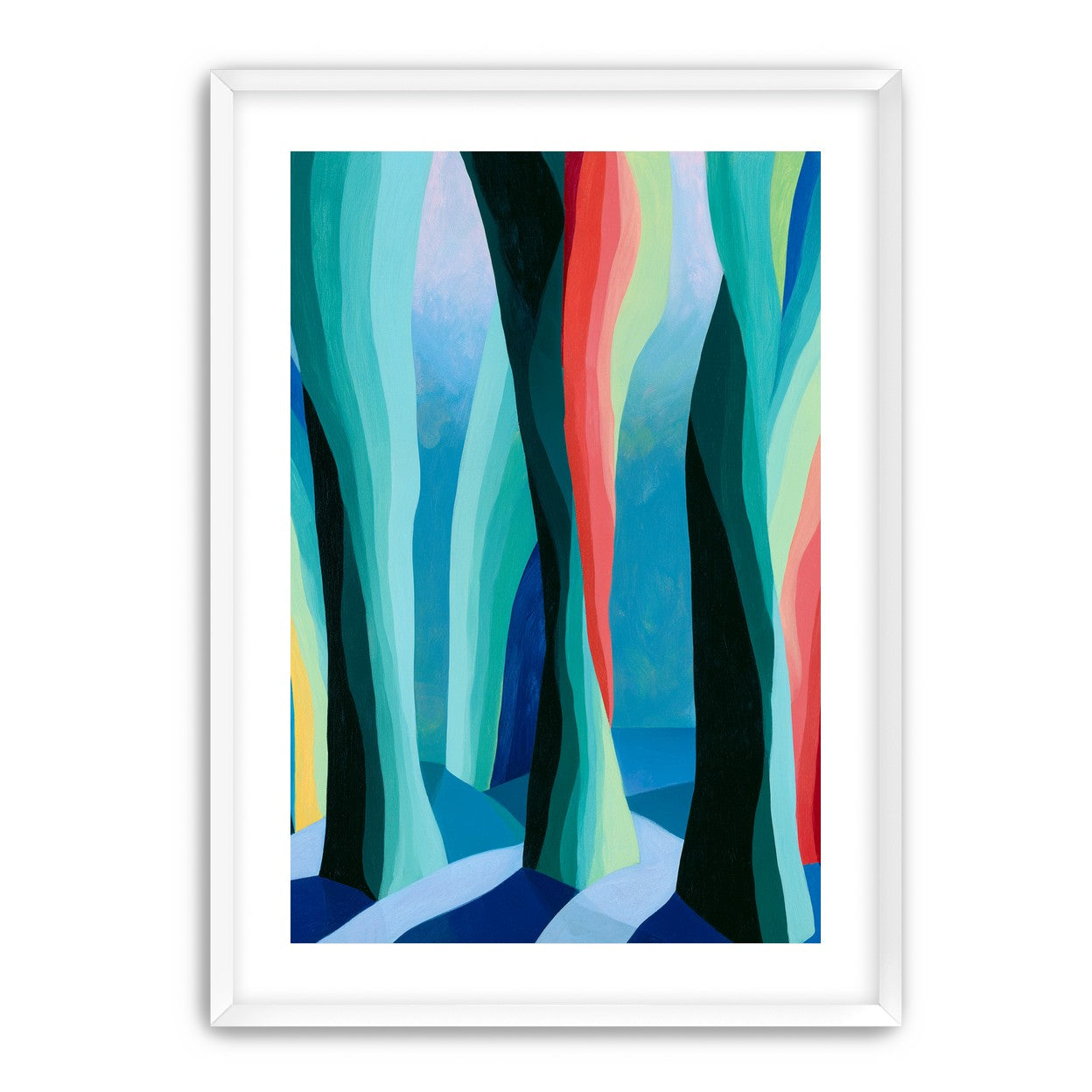 Between red trunks and blue shadows