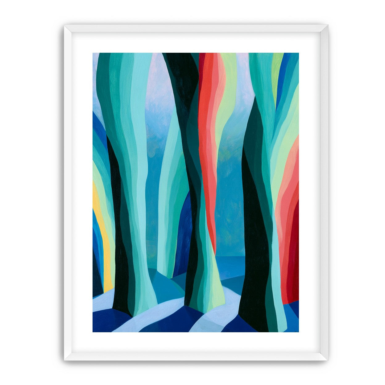 Between red trunks and blue shadows