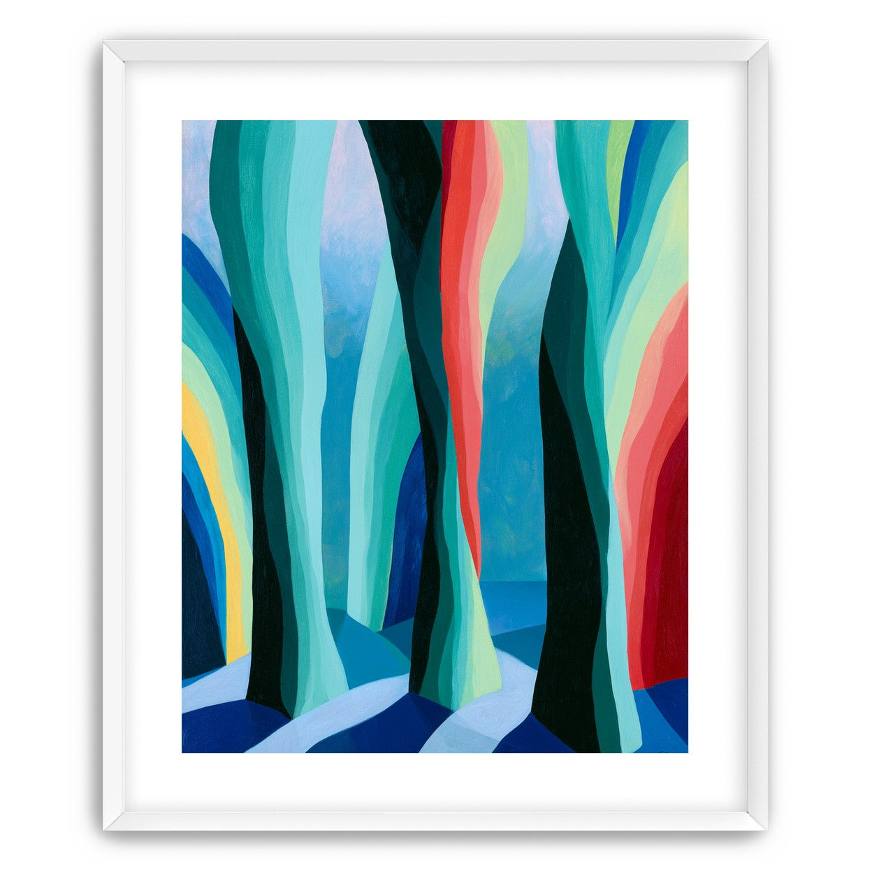 Between red trunks and blue shadows