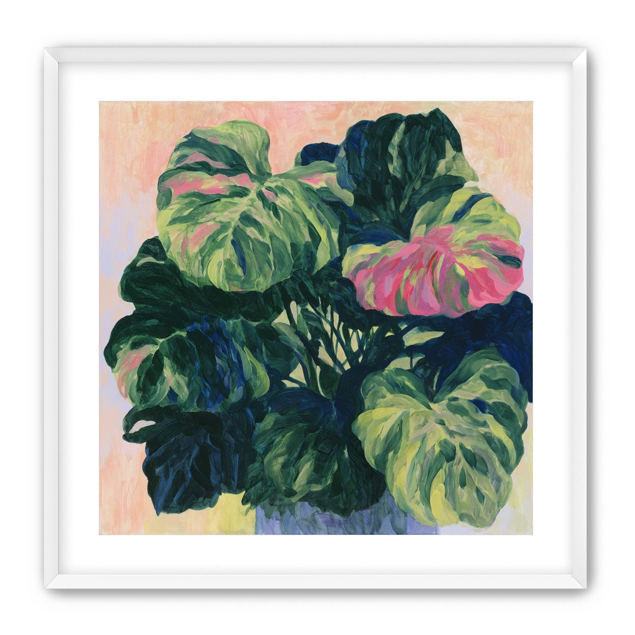 Pink light on green leaves