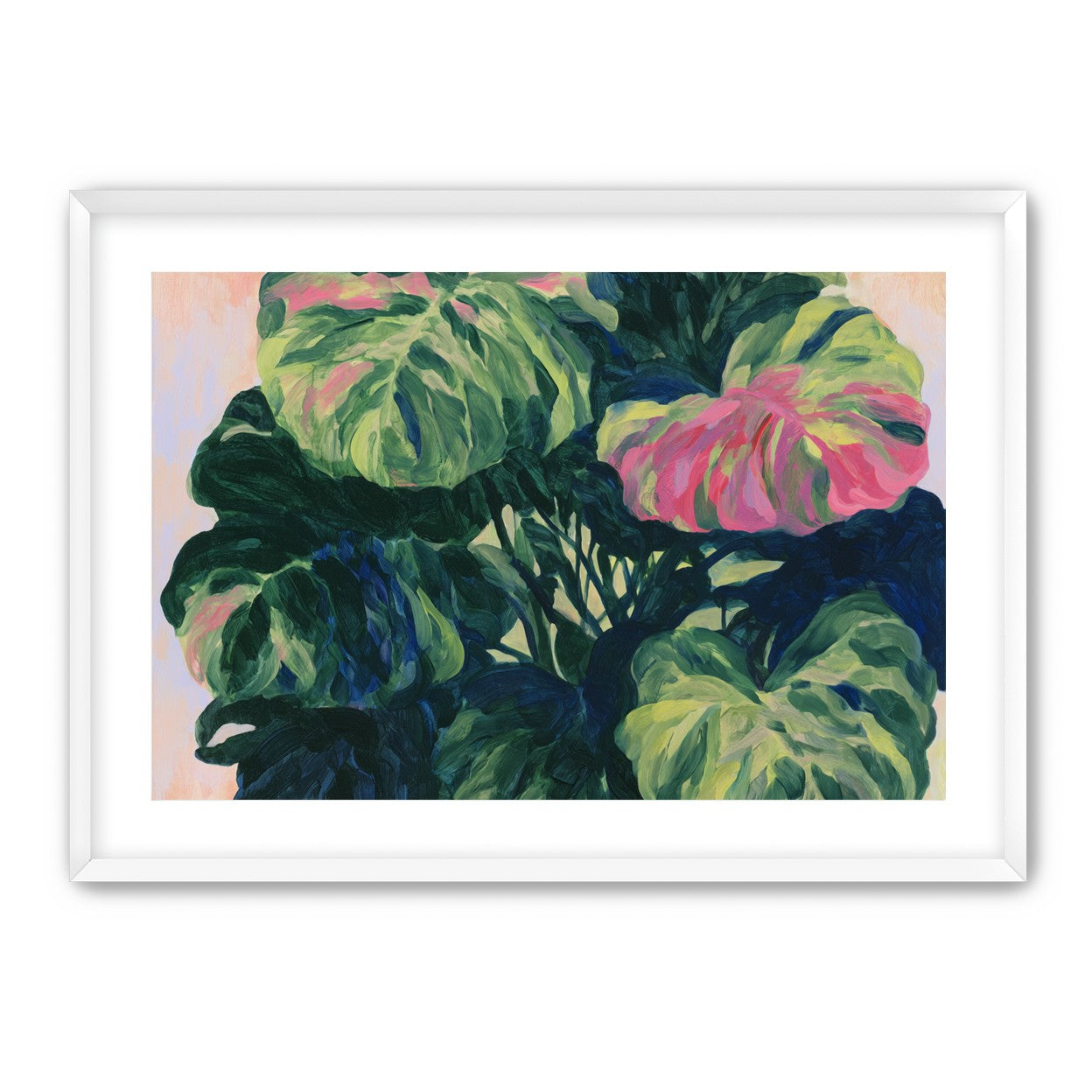 Pink light on green leaves