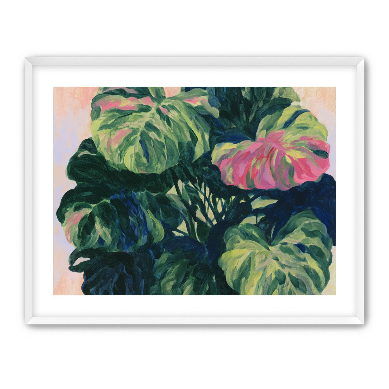 Pink light on green leaves