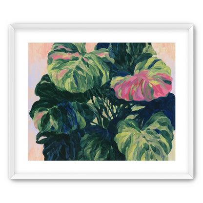 Pink light on green leaves