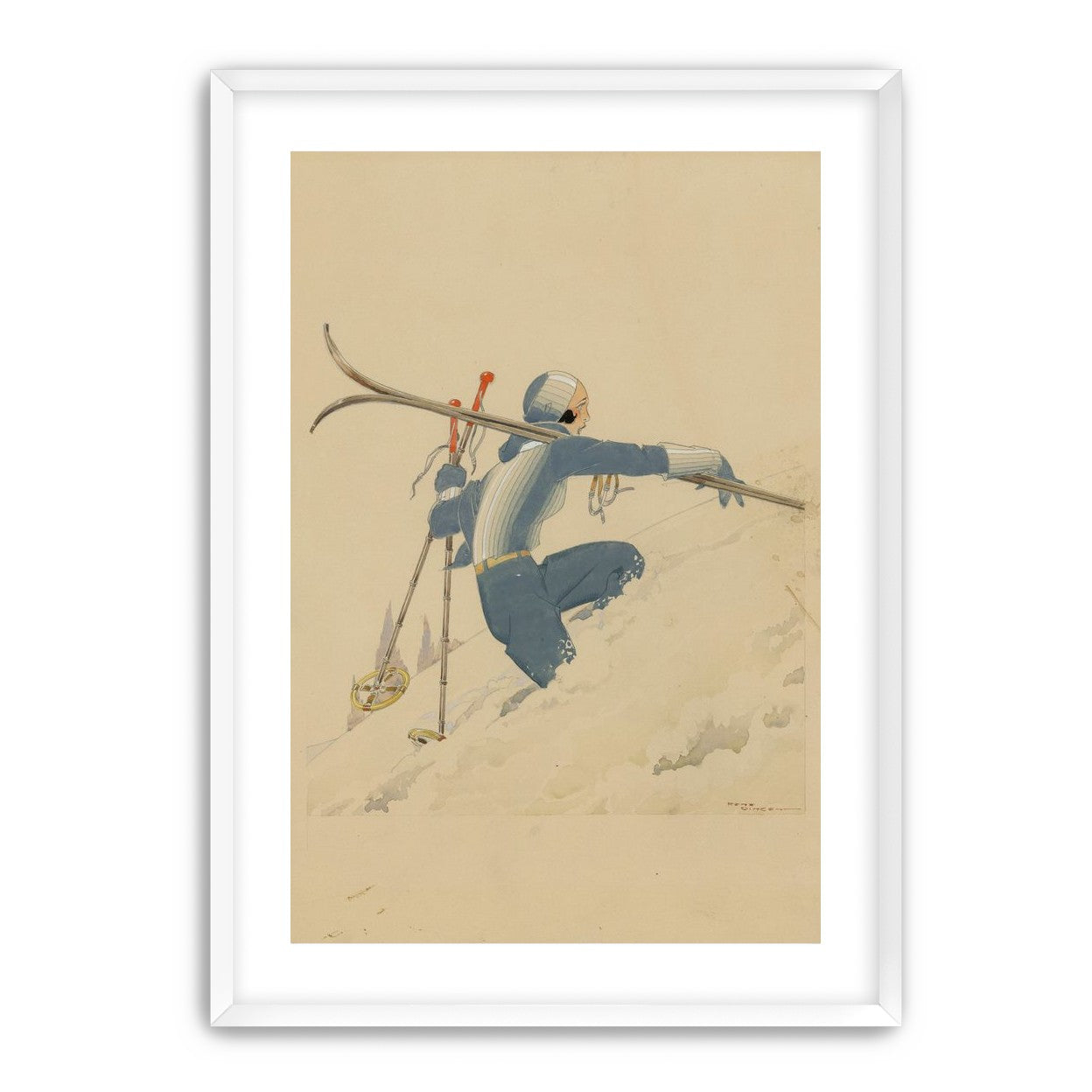 Blue skier in pale snow