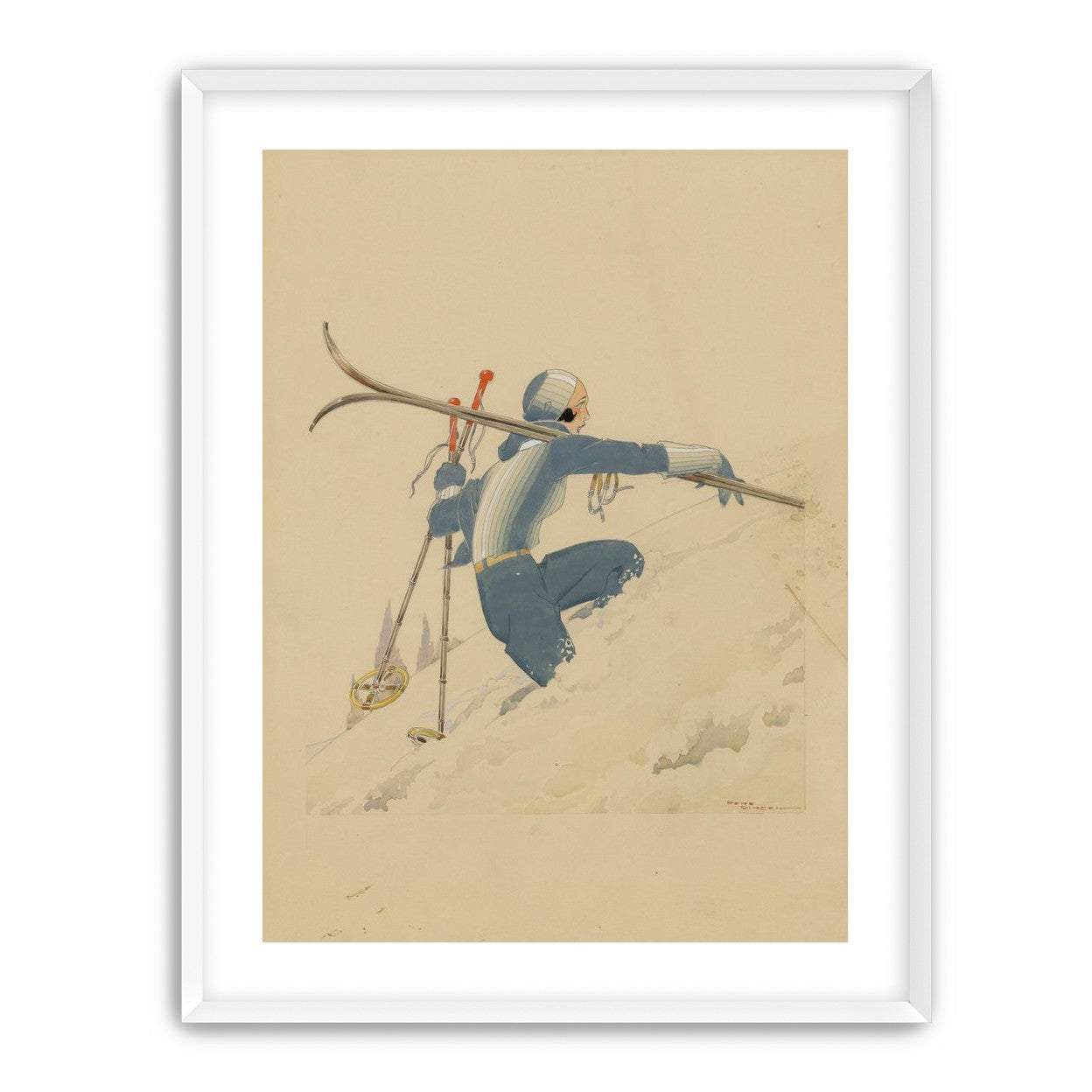 Blue skier in pale snow