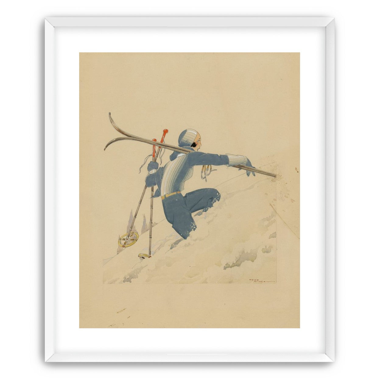 Blue skier in pale snow