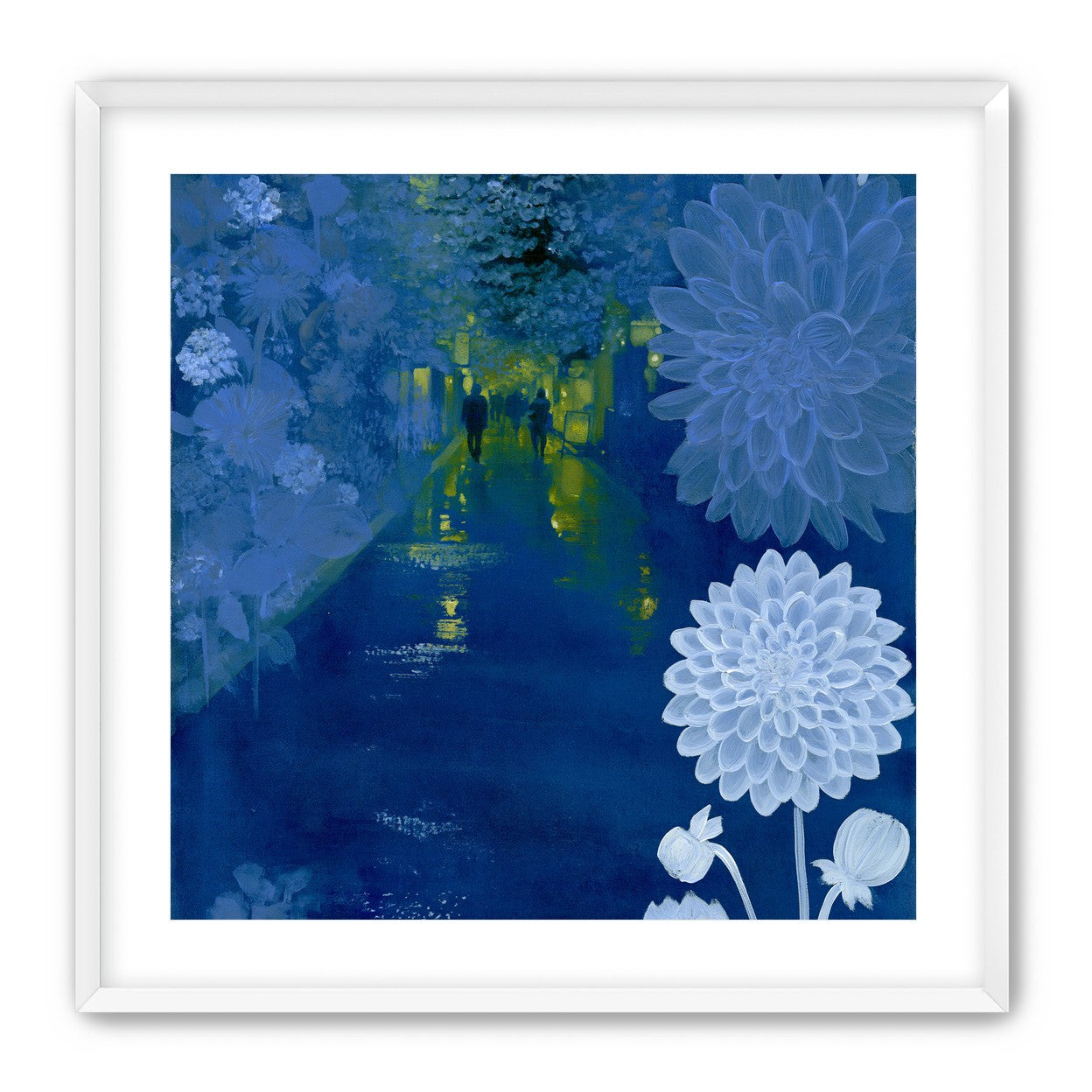 Two walkers under giant flowers