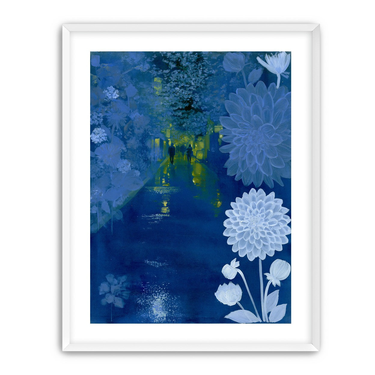 Two walkers under giant flowers