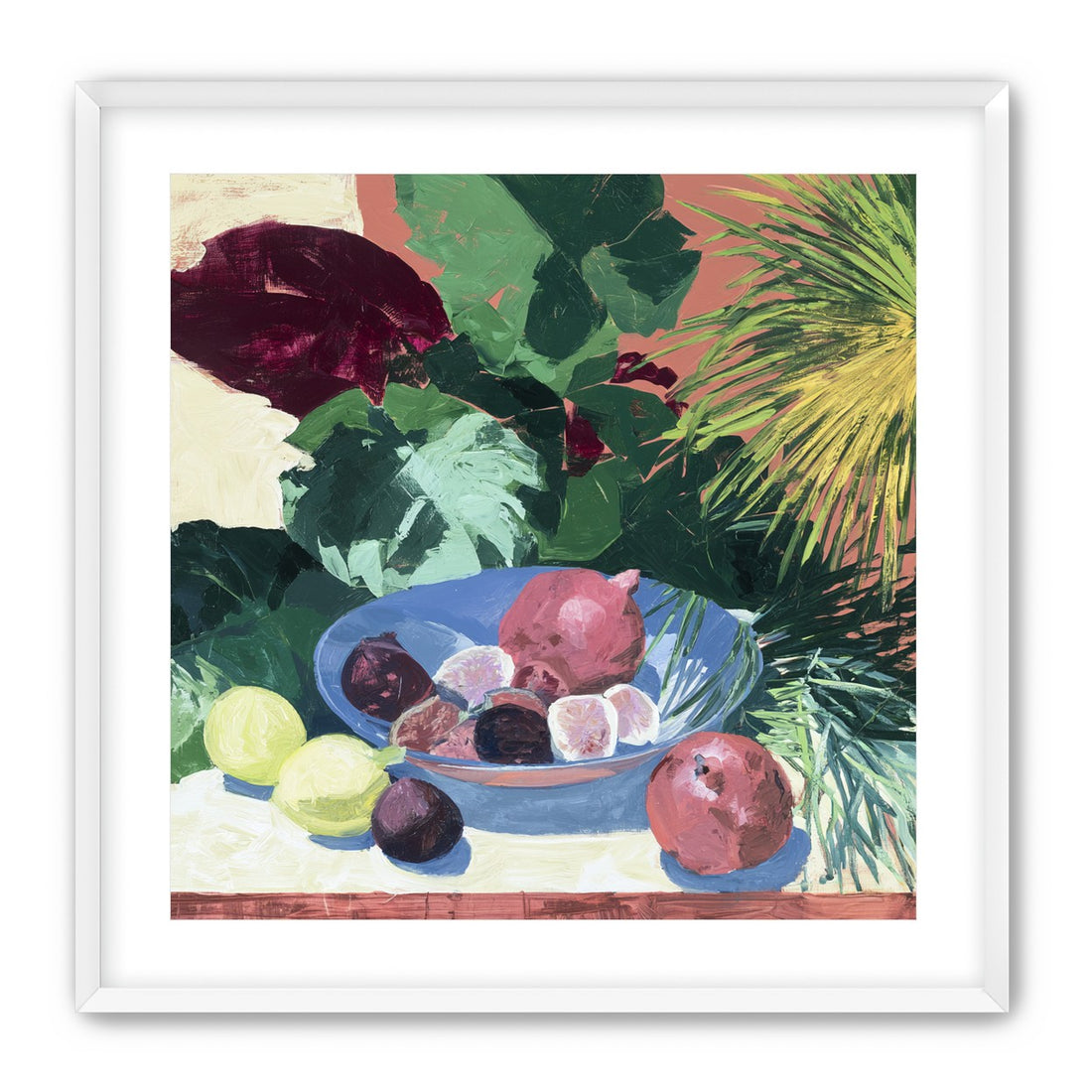 Blue bowl under palm frond