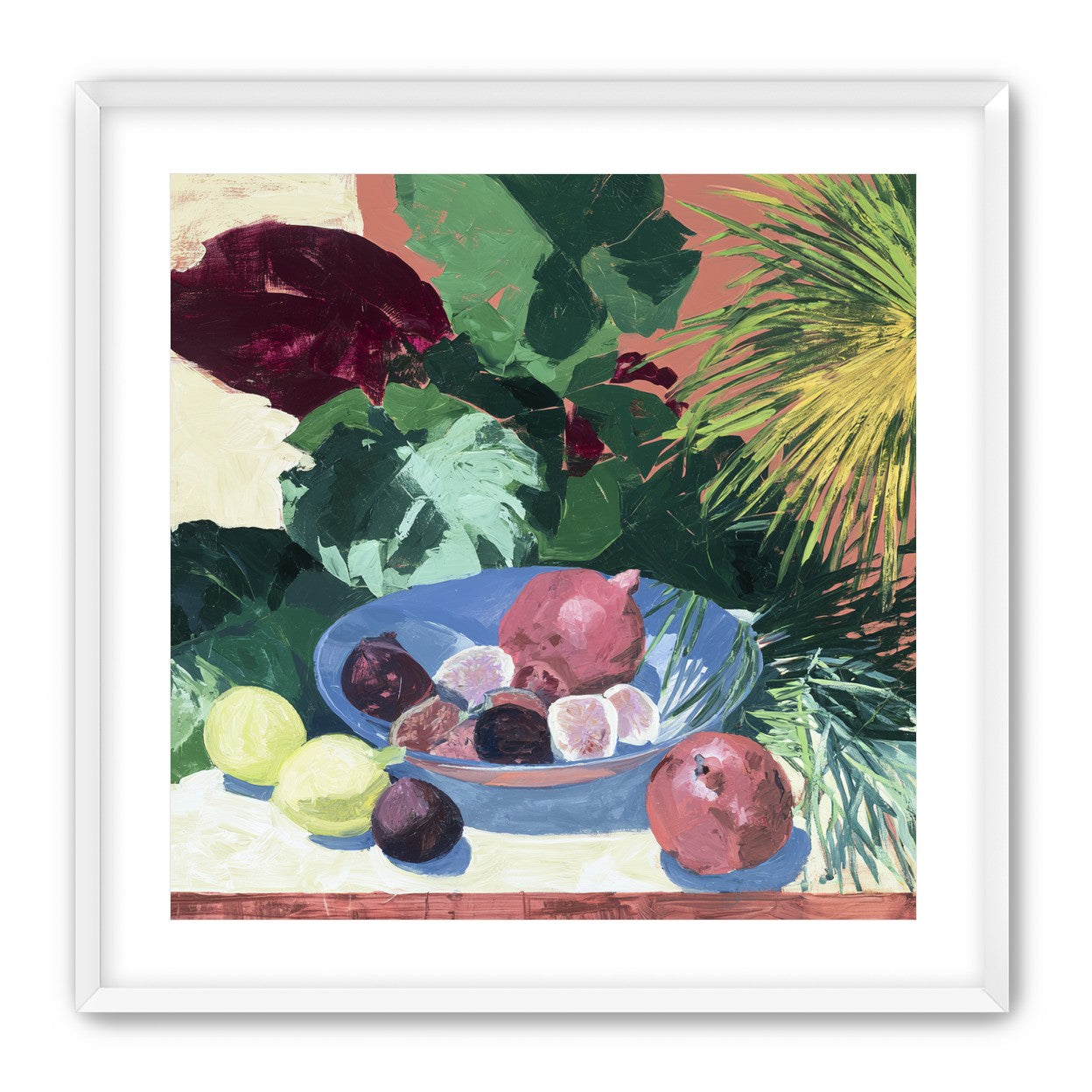 Blue bowl under palm frond