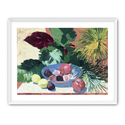 Blue bowl under palm frond