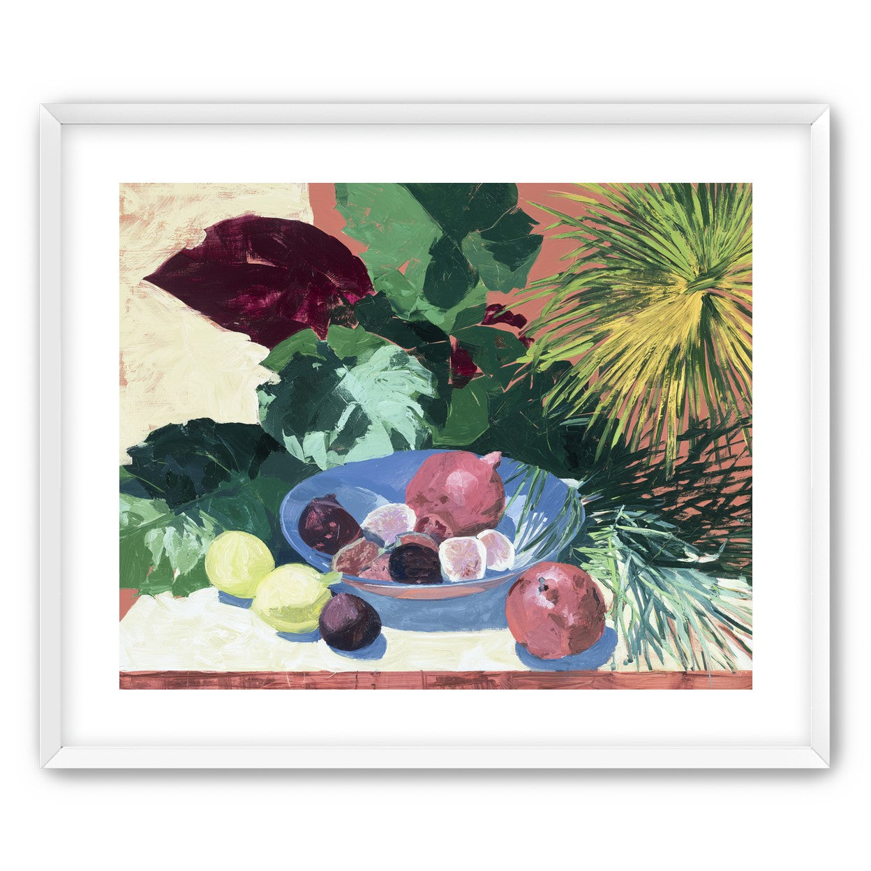 Blue bowl under palm frond