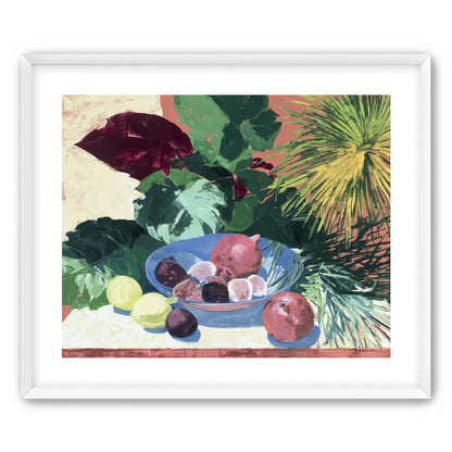 Blue bowl under palm frond