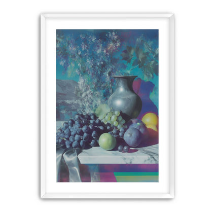 Vase and fruit in blue haze