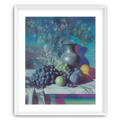 Vase and fruit in blue haze