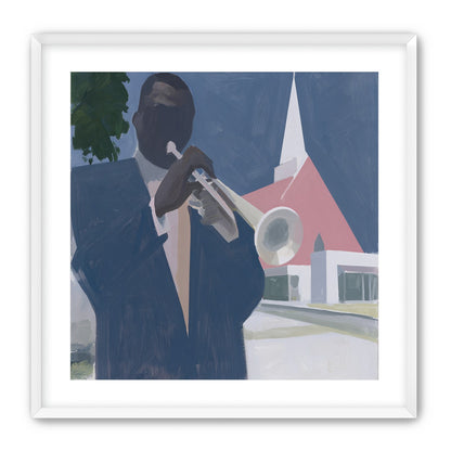 Blue sky over pink church