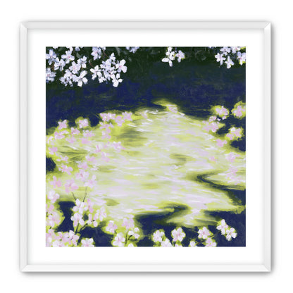 Petals crossing the bright water