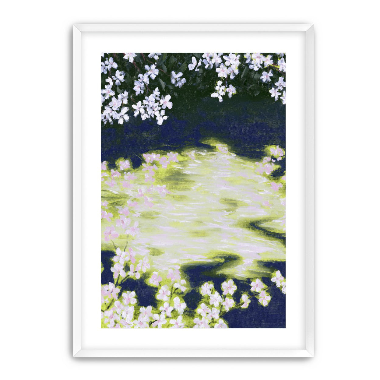 Petals crossing the bright water