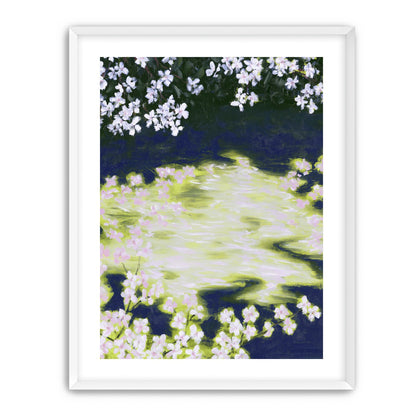 Petals crossing the bright water