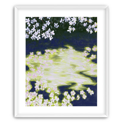 Petals crossing the bright water