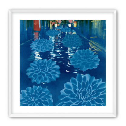 Neon spills into blue floodwater