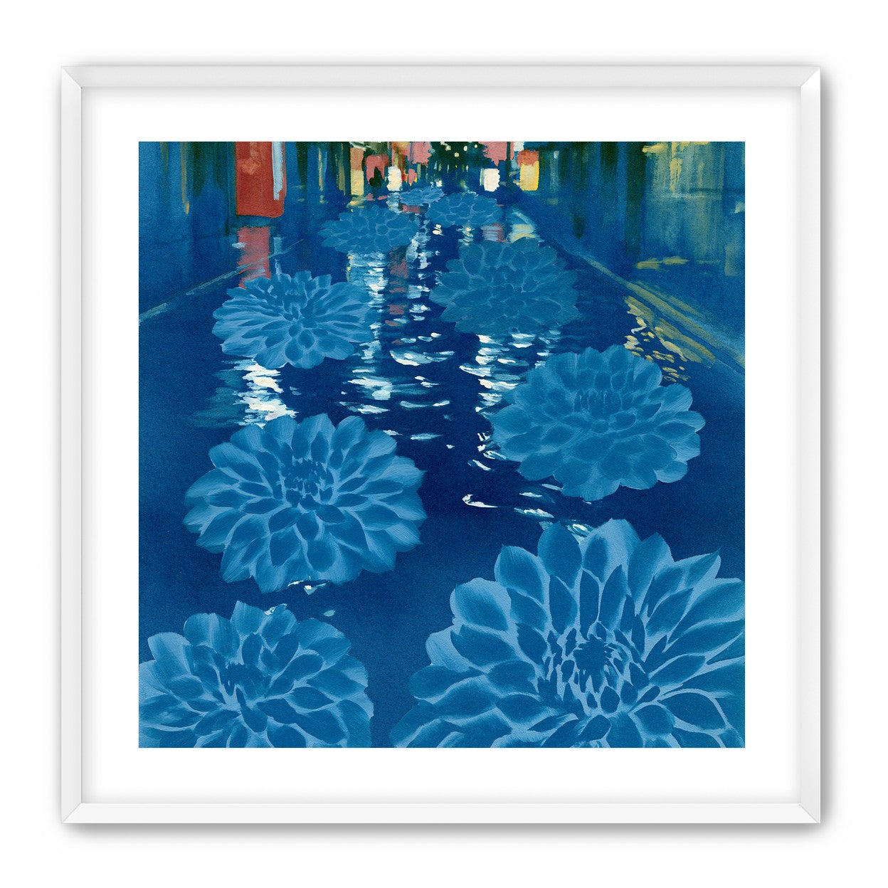 Neon spills into blue floodwater