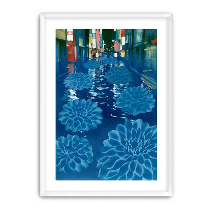 Neon spills into blue floodwater