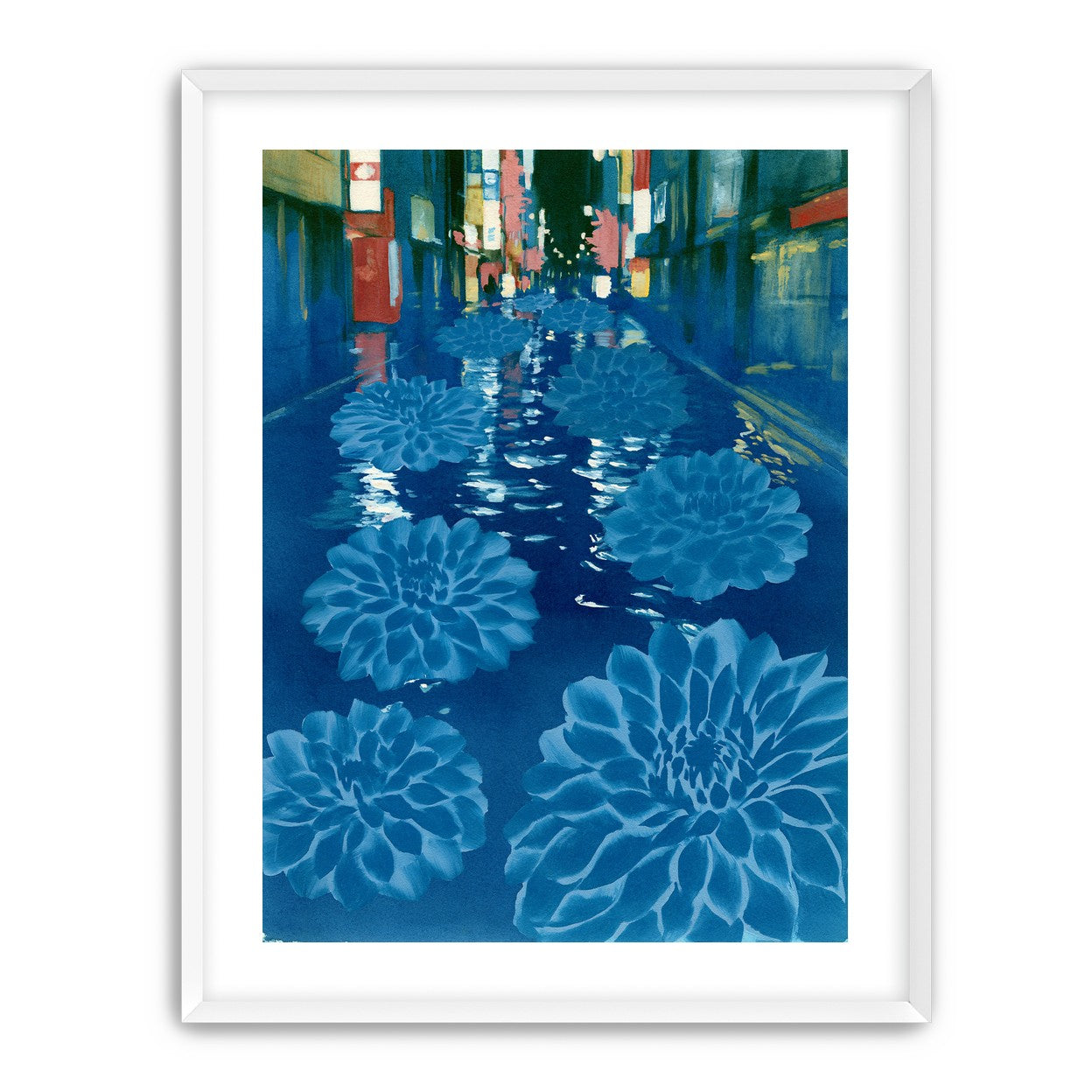 Neon spills into blue floodwater
