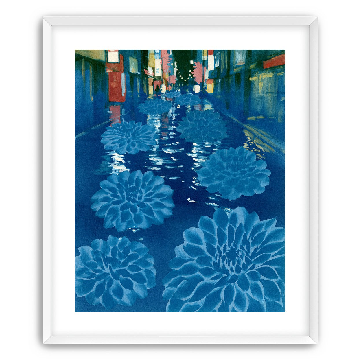 Neon spills into blue floodwater