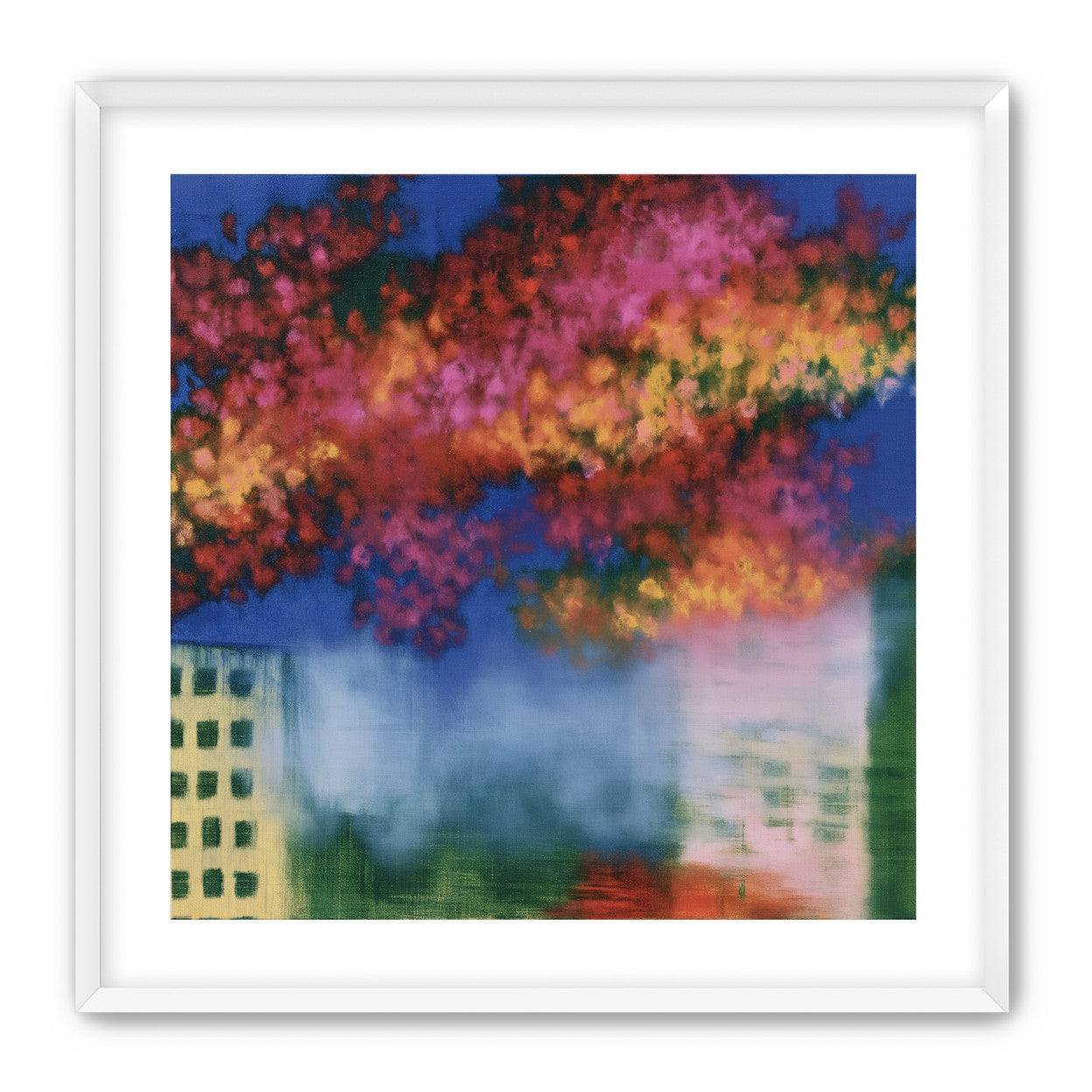 Trees above blurred windows