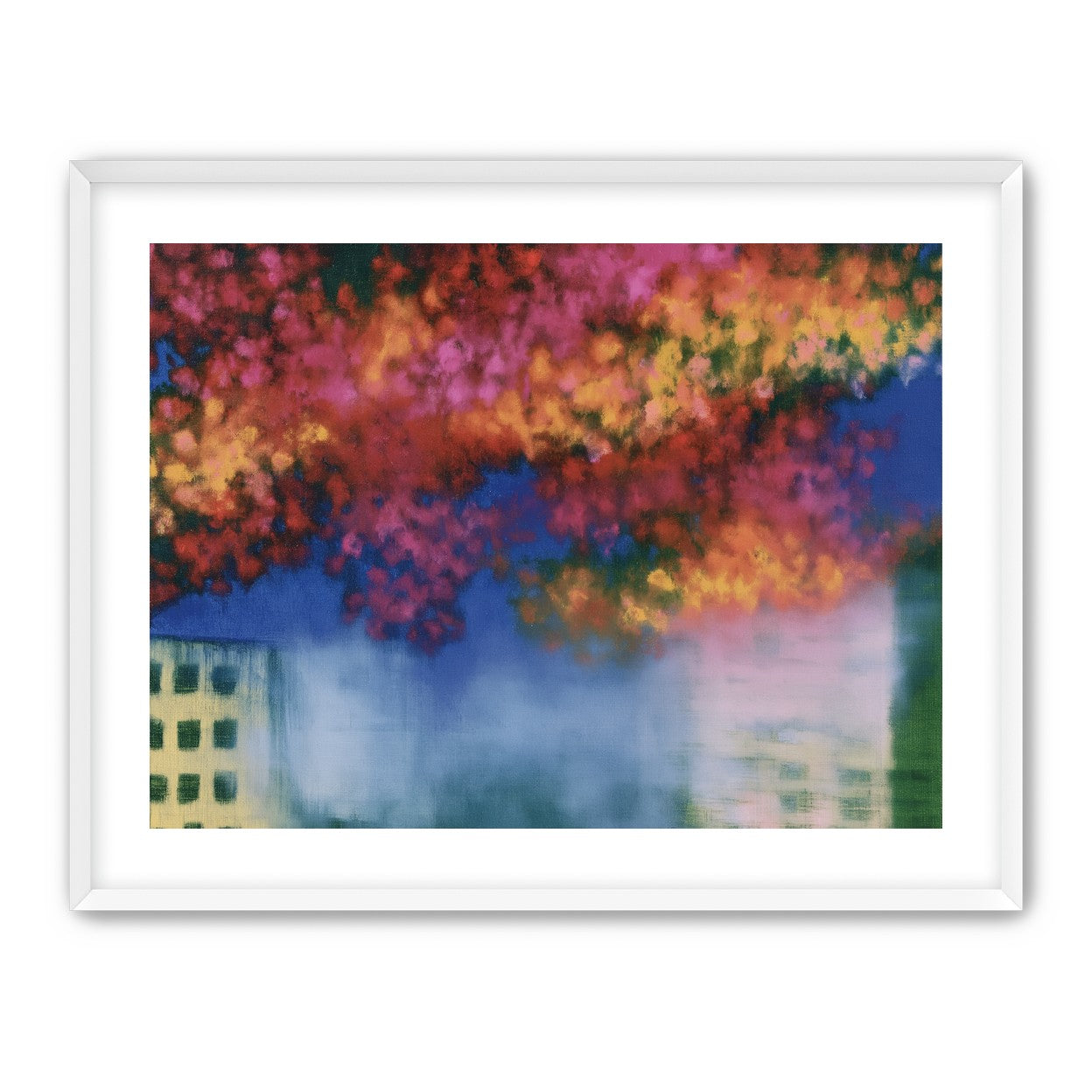 Trees above blurred windows