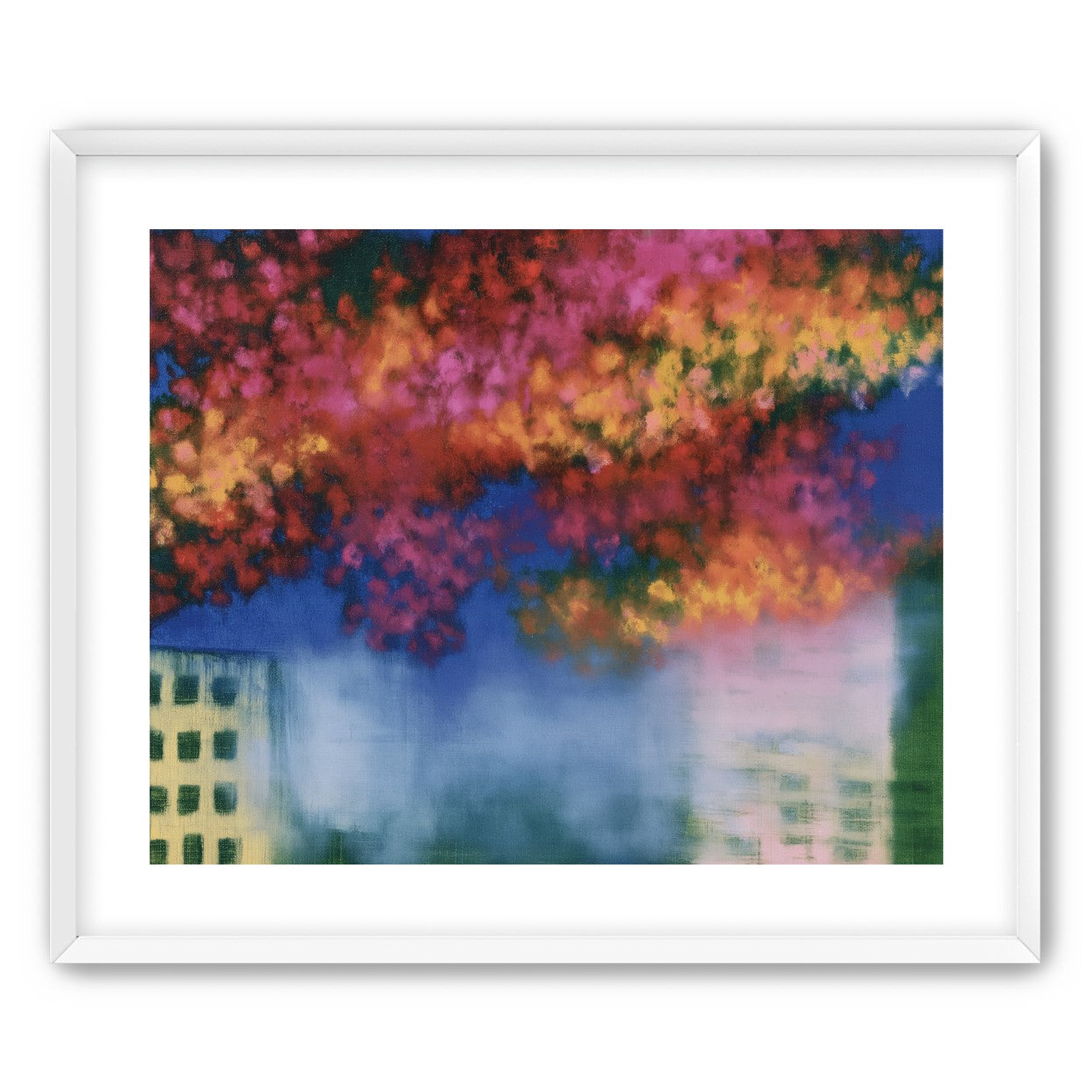 Trees above blurred windows