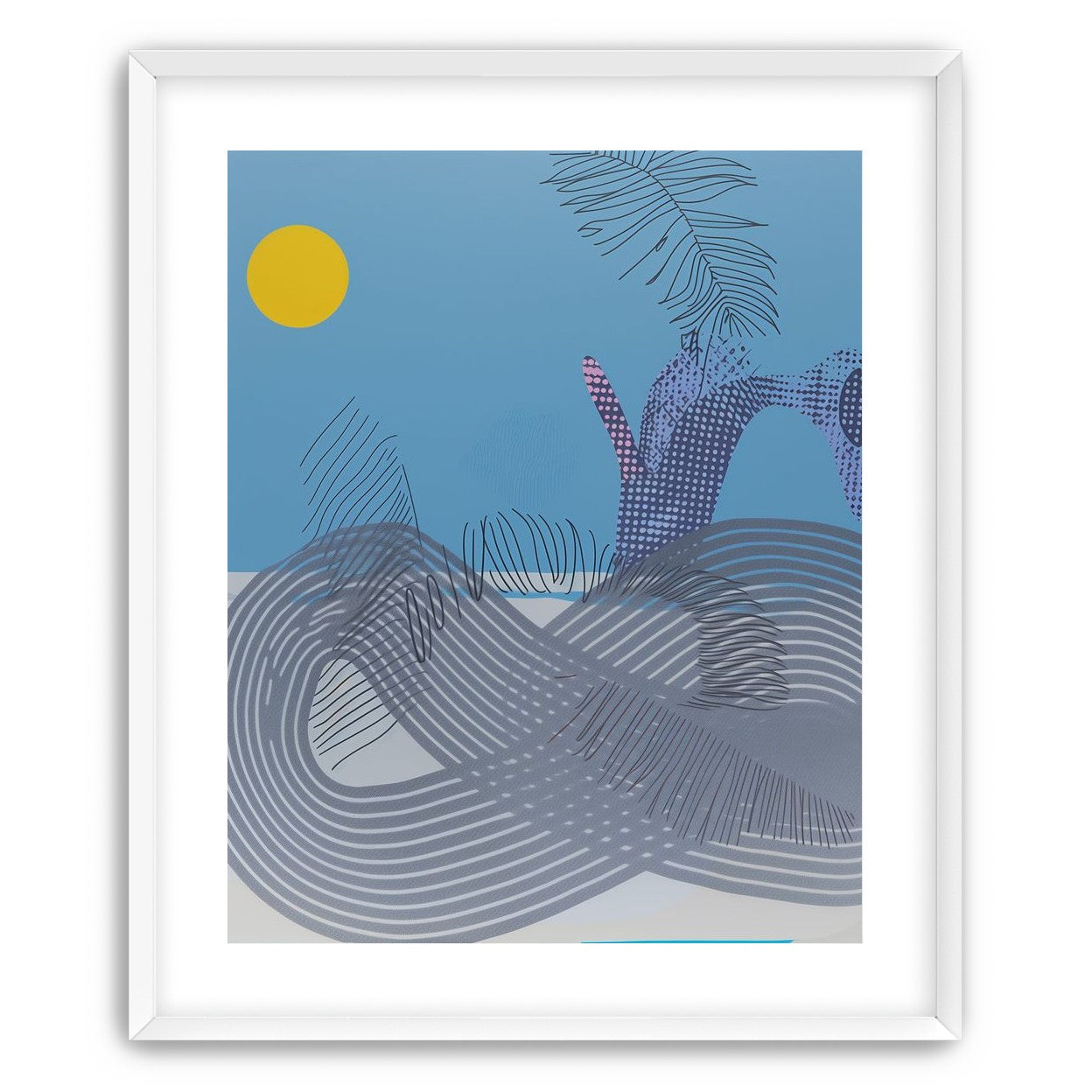 Yellow sun over striped hills