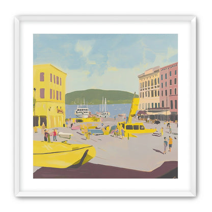 Yellow boats among pastel buildings