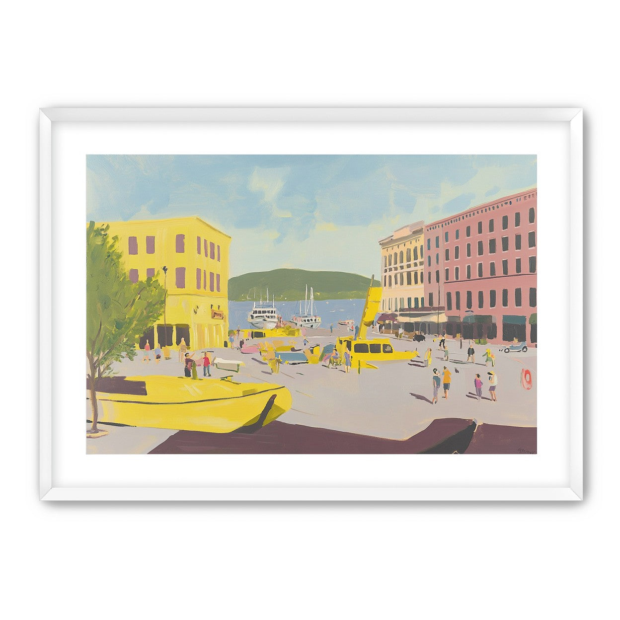 Yellow boats among pastel buildings